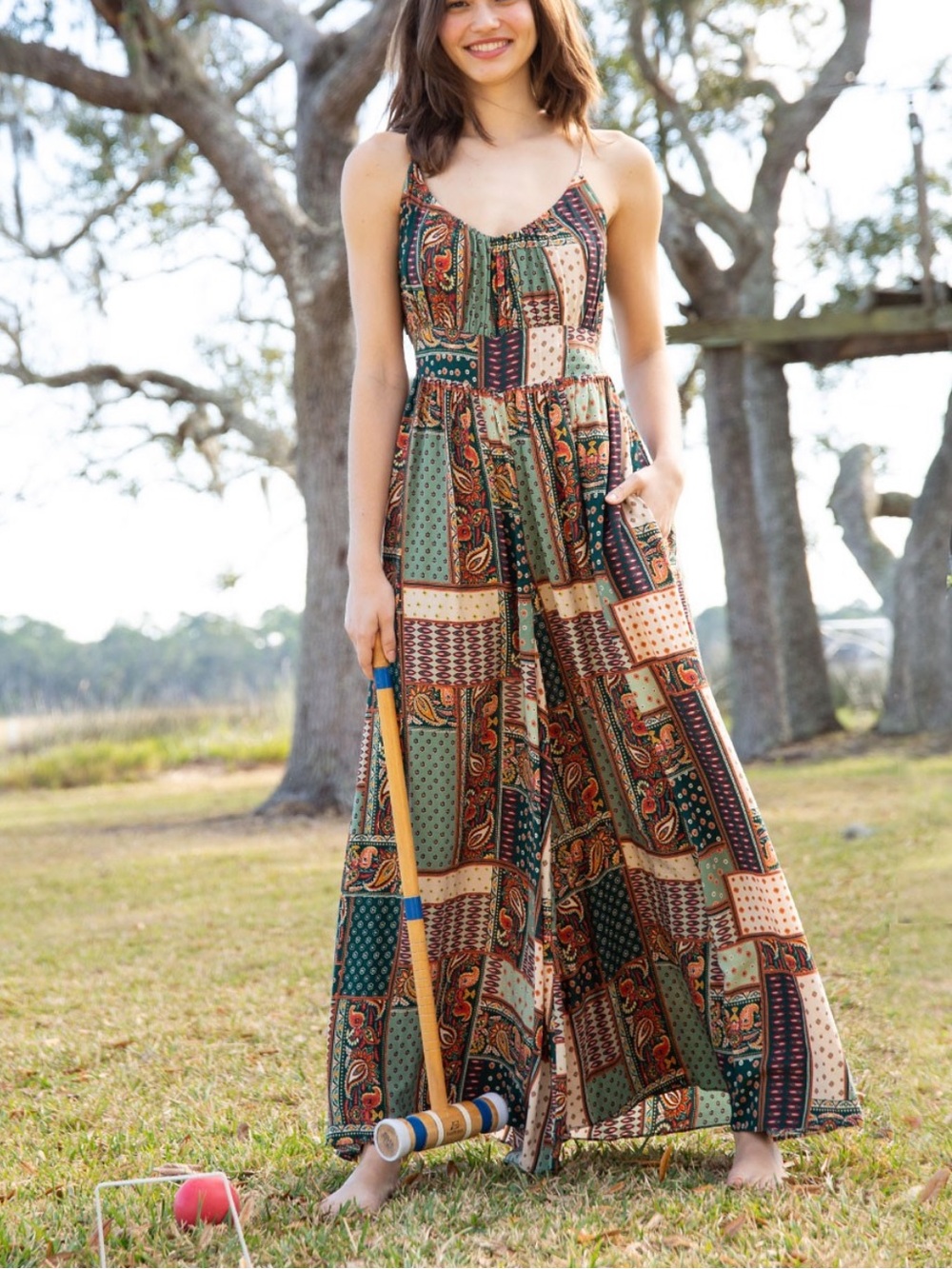 NWT Women’s Natural Life Golden Eye Wide Leg Paisley Patchwork Jumpsuit Size M